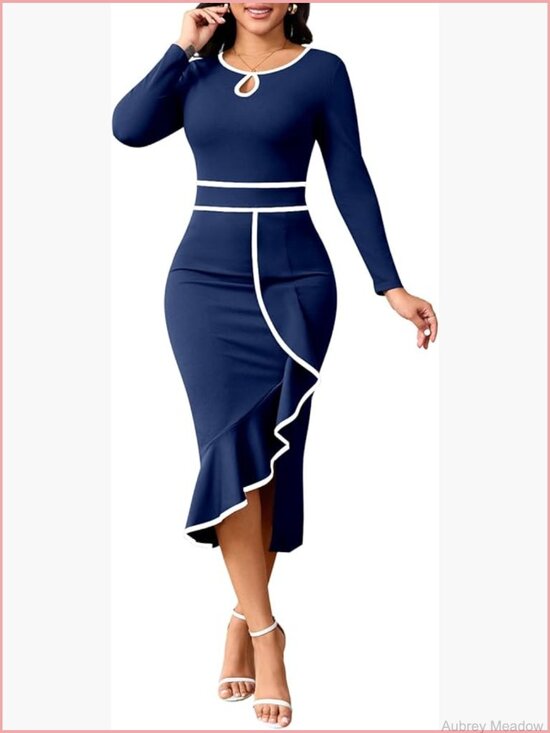 Dresses & Skirts - Elegant Vintage Bodycon Midi Dress Long Sleeve Pencil Work Church